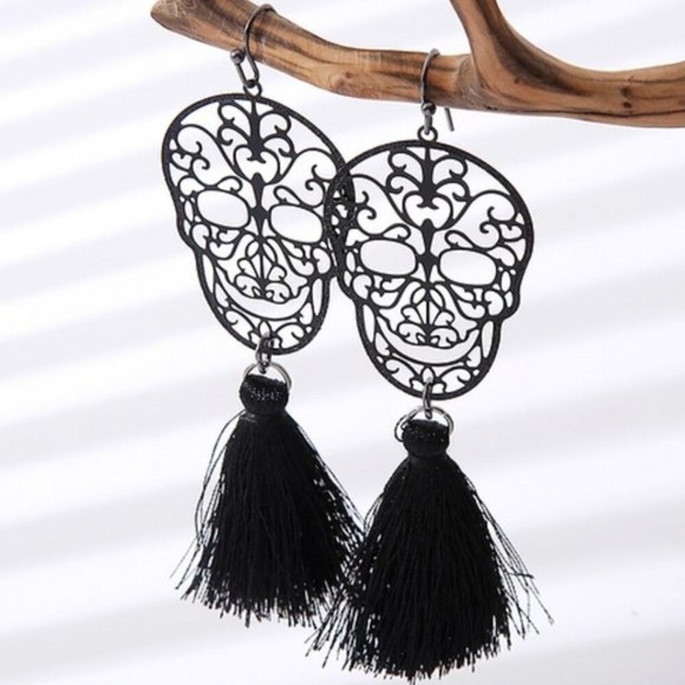Black‎ Skull Tassel Earrings Whimsigoth Punk Rock Gothic Funky Fringe Festival